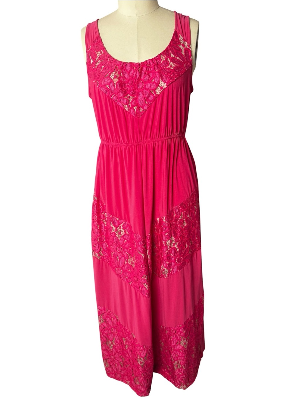 NY Collection Women’s Hot Pink Maxi Nylon Sleeves Lace Dress Size 16/18 Or 1X